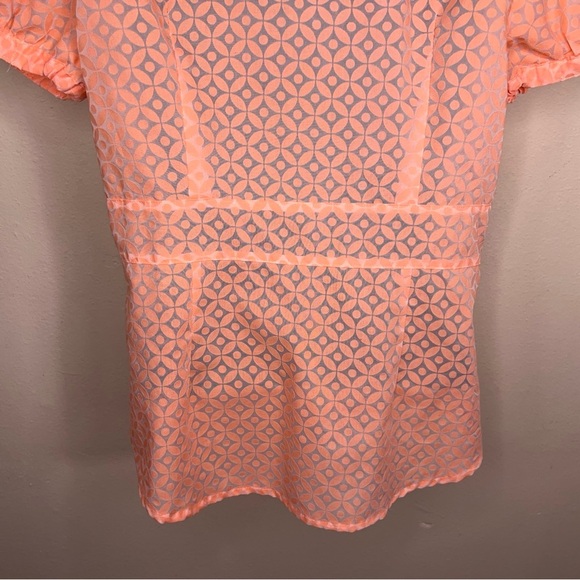 Small Attention Orange Peach Short Sleeve Blouse  Collared Boho Print Semi Sheer - Picture 9 of 12